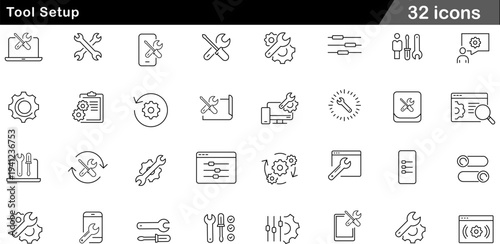Tool Setup Thin Line Icons Set Mechanical Configuration, Repair Services, Technical Adjustments, Maintenance Tools and System Controls Symbols for Engineering