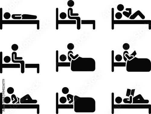 Sleeping positions and daily bedroom activity pictogram collection