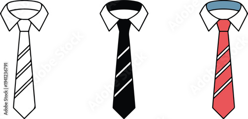 Minimalist striped necktie icon set with outline, silhouette and red business tie in clean flat vector style