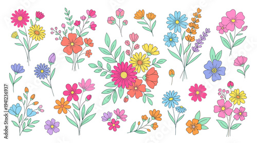 Watercolor floral pattern of colorful garden flowers and leaves on white background - hand-painted botanical design
