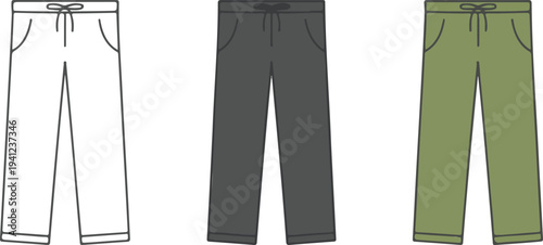 Technical fashion illustration of casual drawstring pants set with outline, gray and olive jogger trousers flat vector design