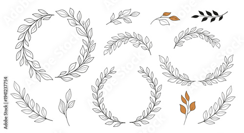 Collection of hand-drawn botanical wreaths and leaf sprigs in various arrangements for rustic and organic design projects.