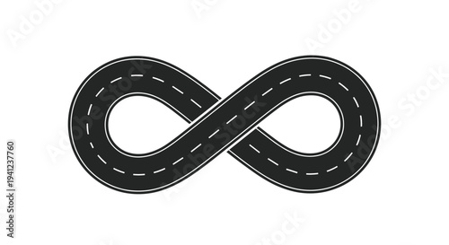 Infinity symbol designed as a continuous looping asphalt road with dashed lane markings on a clean white background.