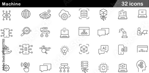 Machine Thin Line Icons Set Industrial Automation, Computing Hardware, AI Technology, Robotics and Intelligent Systems Symbols for Tech Infrastructure