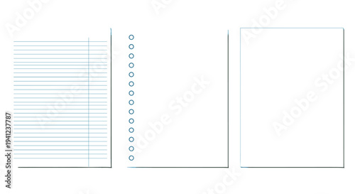 Set of three blank paper sheets including lined notebook paper, a hole-punched page, and a plain white sheet of paper.