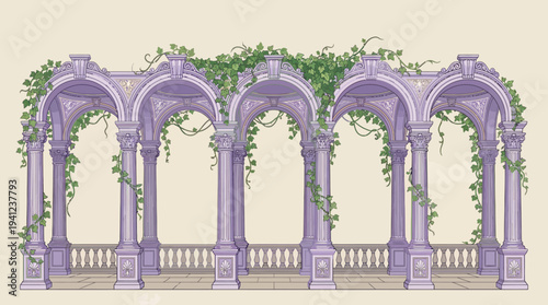 Elegant purple ivy-covered arched colonnade featuring classical columns and ornamental architecture