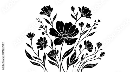 Black floral silhouette featuring blooming flowers and graceful leaves in an ornamental botanical vector design