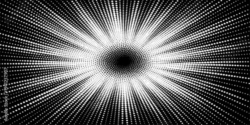 A futuristic 3d digital illustration of a fractal burst tunnel featuring a black and white binary code pattern and blue light shapes for a motion data texture backdrop