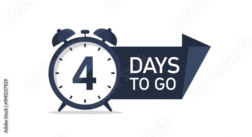 Dark blue alarm clock with a ribbon banner displaying a countdown of four days to go for event promotion and reminders.