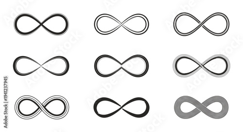 Collection of nine infinity symbols in different artistic styles featuring various line weights, textures, and designs.