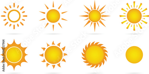 Set of sun icon. Sun icons vector isolated on white background. Vector flat design. Collection of sun stars for use in as logo or weather icon. sunset collection, summer, sunlight  stock vector..