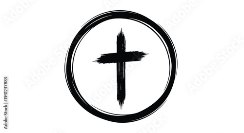 Christian cross symbol enclosed within a double circle both featuring a rough hand-drawn brush stroke texture in black.