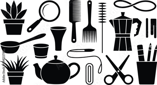 Black and white of various household and office including a teapot, scissors, coffee maker, and more