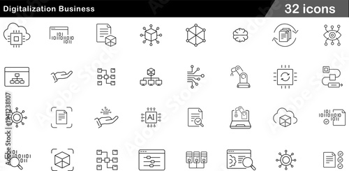 Digitalization Business Thin Line Icons Set Digital Transformation, AI Automation, Cloud Computing, Industrial Tech and Future Work Symbols for Innovation