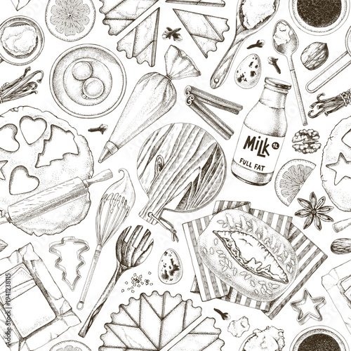 Seamless pattern with baking tools and ingredients