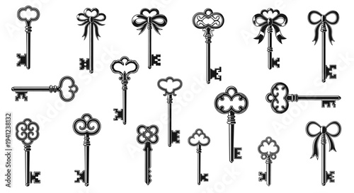 Diverse collection of vintage ornate skeleton keys with decorative handles is presented in a black and white illustration on white.