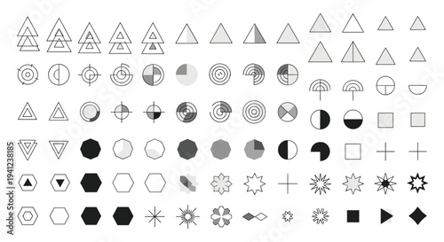 Large assortment of various geometric shapes and abstract design icons is shown in a grid layout using black and grey tones on white.