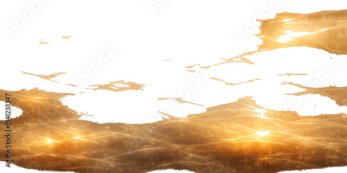 A beautiful abstract landscape blends a grunge paper texture with maps of North Korea and South America under a bright orange sunset sky filled with fire colored clouds at dusk