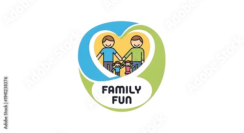 Free Download Cute illustration of a family of four inside a heart-shaped emblem. Two parents and two children represented - GFXLoad