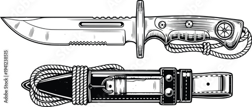 PrintHand Drawn Tactical Survival Knife with Sheath Vintage Engraving Vector