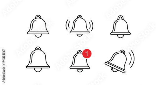 Set of notification bell icons showing different states such as ringing, unread alerts, and silent mode in a line art style.