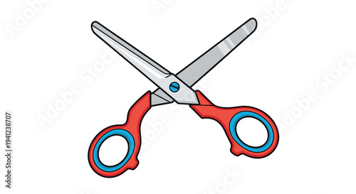 Pair of scissors with red handles and blue accents is illustrated in a clean vector style with sharp metal blades on a white field.