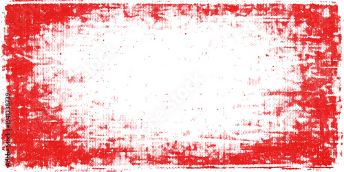 A vibrant red grunge background featuring a decorative border and frame design with artistic blood paint splatters, ink stains, and a textured vector illustration pattern for a dirty wallpaper backdro
