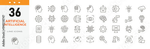Artificial Intelligence related editable icon set. Contain icons related to AI technology, machine learning, neural network, automation, data processing, smart technology, and more. Editable stroke.