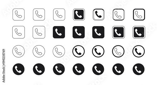 Comprehensive set of phone call icons in different shapes and styles like rounded squares and circles is shown in a large grid.