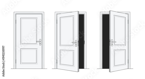 Three stages of a white interior door are illustrated showing it in closed, partially open, and fully open positions on a white background.