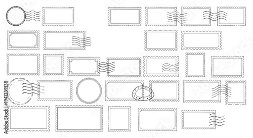 Large collection of blank postage stamp frames and postmark circles is displayed in a grid layout for vintage mail and design.