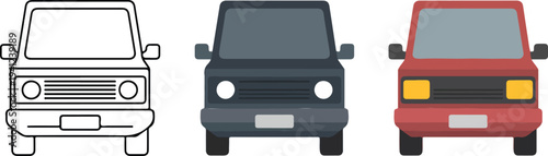Minimalist front view van icon set with line art, gray and red delivery vans in clean flat vector style