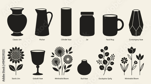 Collection of minimalist ceramic tableware with sunflower motifs including teapot, pitcher, mugs, vases, goblets, and decorative vessels.