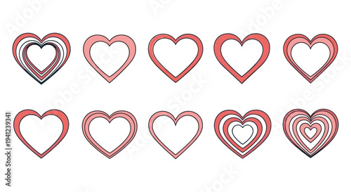 Selection of ten different heart shapes in shades of pink and red is shown in a grid including nested and outlined heart designs.