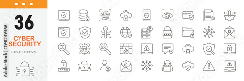 Cybersecurity related editable icon set. Contain icons related to data protection, internet security, privacy, firewall, encryption, secure network, hacking protection, and more. Editable stroke.