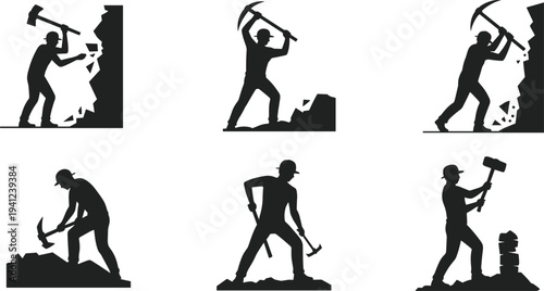 Black silhouettes of people using various tools for construction and demolition work