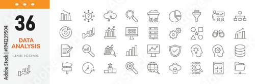 Data Analytics related editable icon set. Contain icons related to data analysis, statistics, business analytics, data visualization, charts, graphs, big data, reporting, and more. Editable stroke.