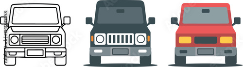 Minimalist front view van icon set with line art, gray and red delivery vans in clean flat vector style