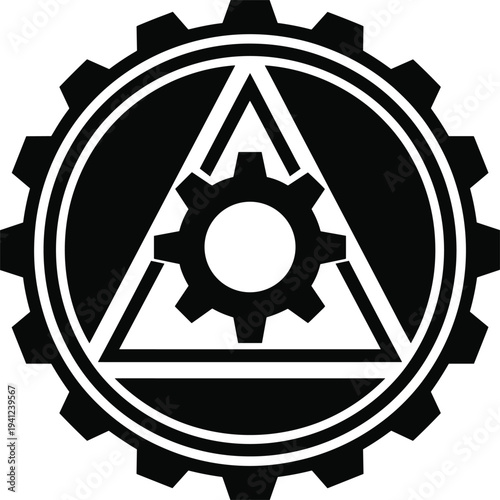 Black and white gear symbol with triangle and smaller gear inside