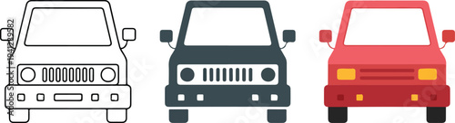 Minimalist front view van icon set with line art, gray and red delivery vans in clean flat vector style