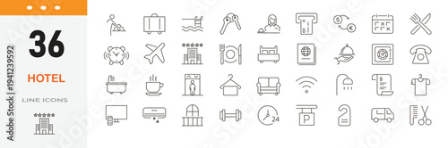Hotel related editable icon set. Contain icons related to hospitality, hotel service, accommodation, room service, reception, booking, luggage, restaurant, and more. Editable stroke.