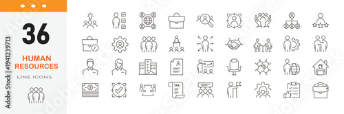 Human Resources related editable icon set. Contain icons related to HR management, recruitment, team work, employee management, hiring process, leadership, and more. Editable stroke.