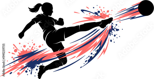 Female soccer player silhouette kicking ball with dynamic paint splashes vector illustration