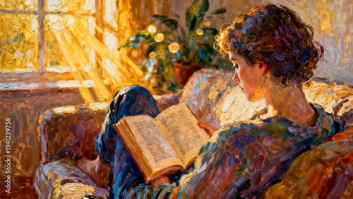 Impressionistic painting of a person reading a book by a sunny window