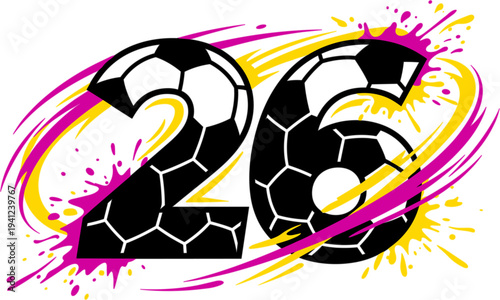 Number 26 with soccer ball pattern and colorful paint splashes vector illustration