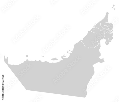 Grey with White Outline United Arab Emirates Map with District Borders Asian Country