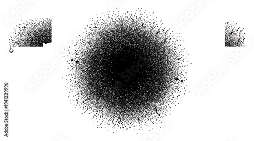 Abstract black ink splatter with a dense central core and radiating particles on a white background