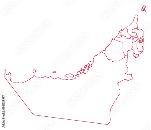 Red Outline United Arab Emirates Map with District Borders Asian Country