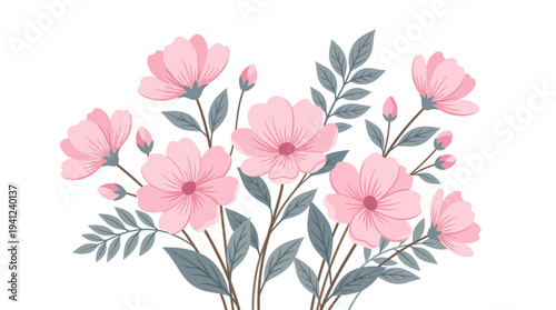 Watercolor pink flowers bouquet with grey-green leaves, pastel botanical illustration, floral art for decor and greeting cards