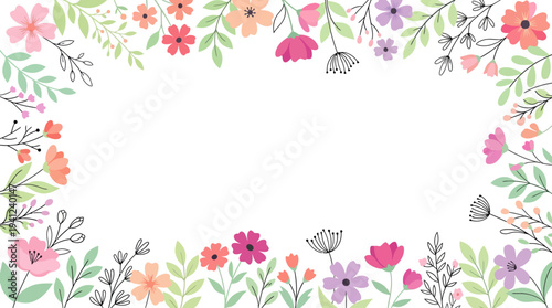 Pastel watercolor floral border frame with colorful blossoms and greenery around a white center, ideal for invitations, cards, and decorative layouts.